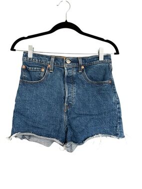 Levi's Premium Ribcage Shorts 27 High-Rise Raw Hem Denim Medium Blue Wash